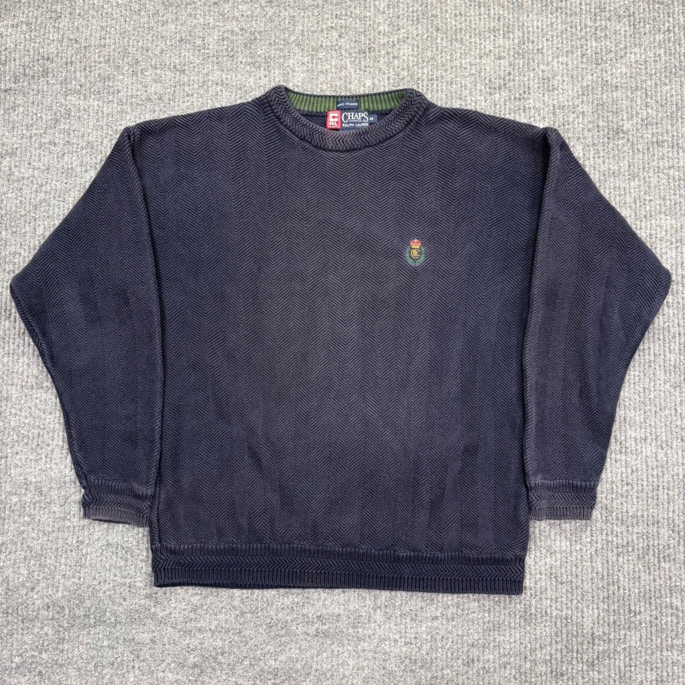 Chaps Ralph Lauren Mens Navy Herringbone Cotton Crewneck Sweater Medium